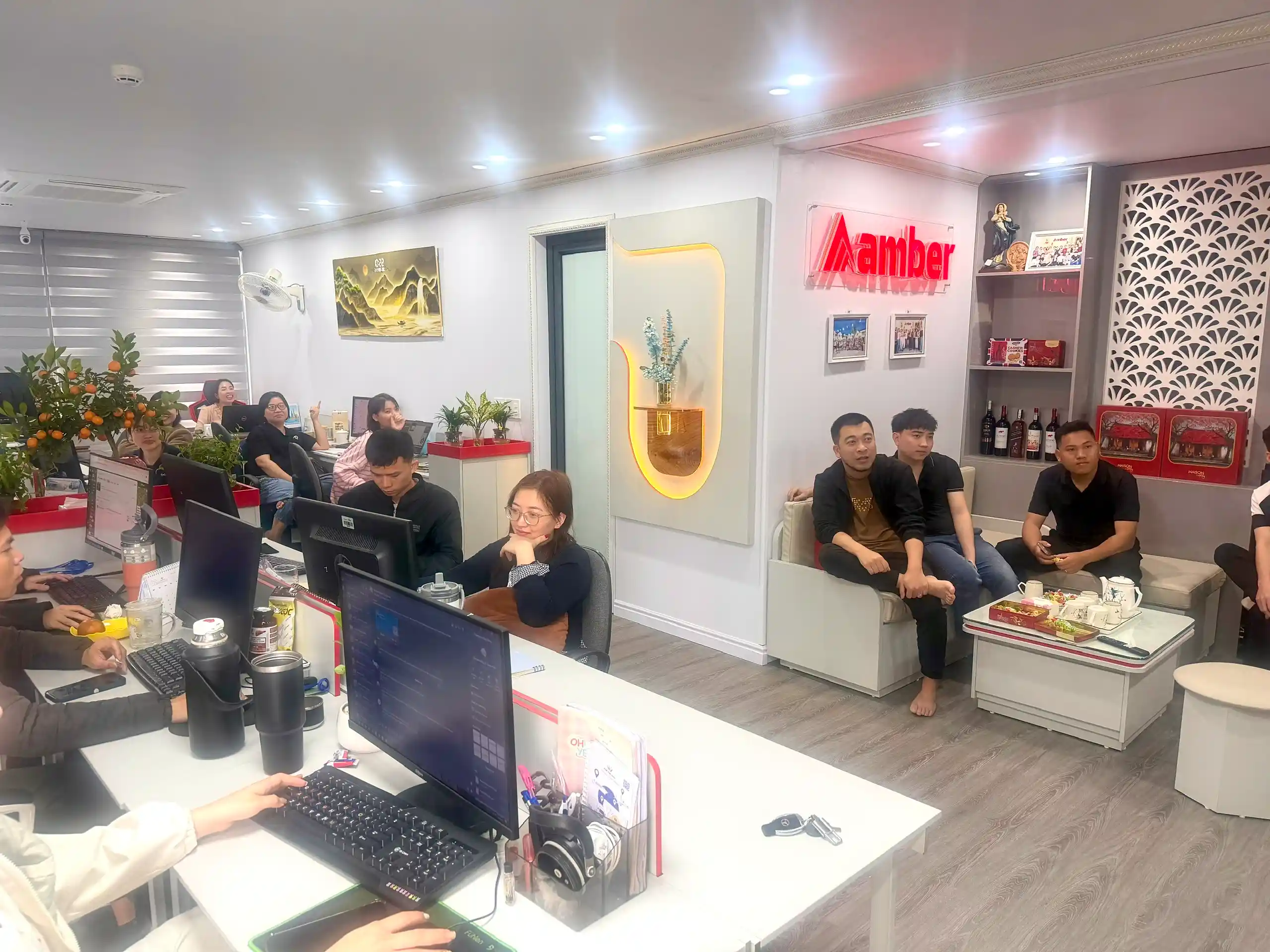 Amber Trans office workspace and lounge with Amber branding